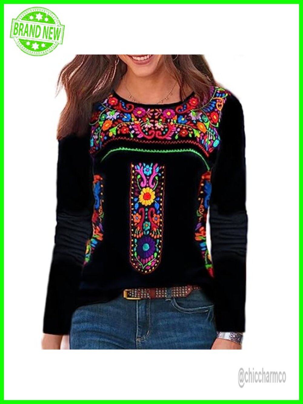 Melliflo Long Sleeve Floral Embroidered Peasant Blouse Boho T-Shirt